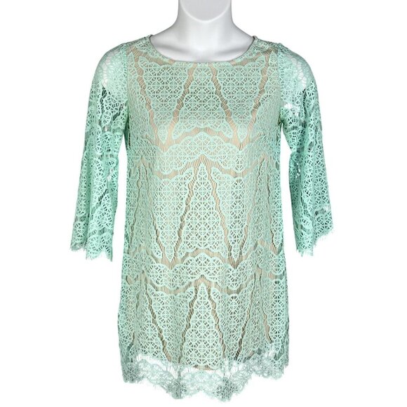 Maia Women 4 Kelly Green Dress Lace Overlay 3/4 Sleeve Nude Lining Scalloped Hem - Picture 8 of 16